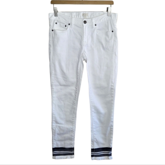 J. Crew Factory | White Cropped Ankle Skinny Jeans with Navy Stripe Hem Size 27 - Picture 1 of 5